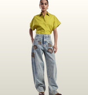 Korte katoenen blouse met wijde mouwen in helder groen – Dixie