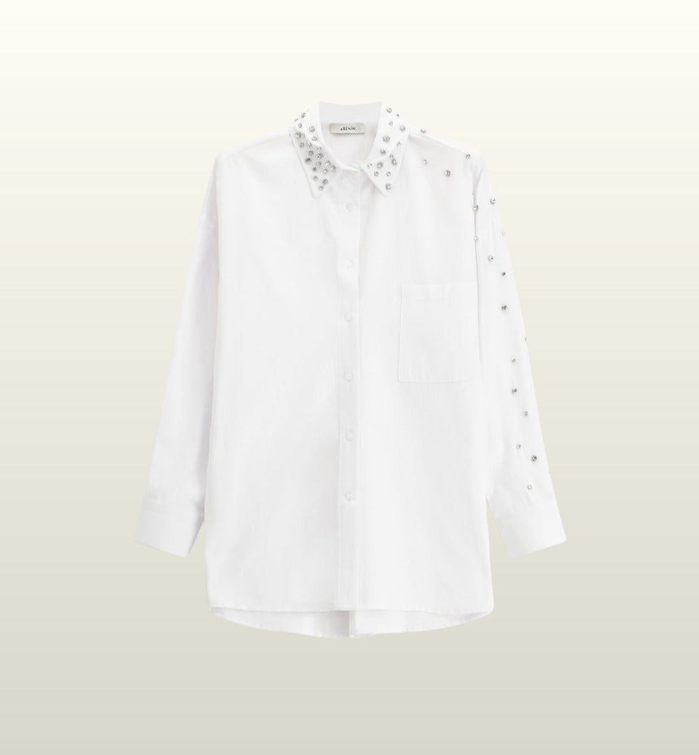 Basic blouse met sprankelende details in wit & lichtblauw – Dixie