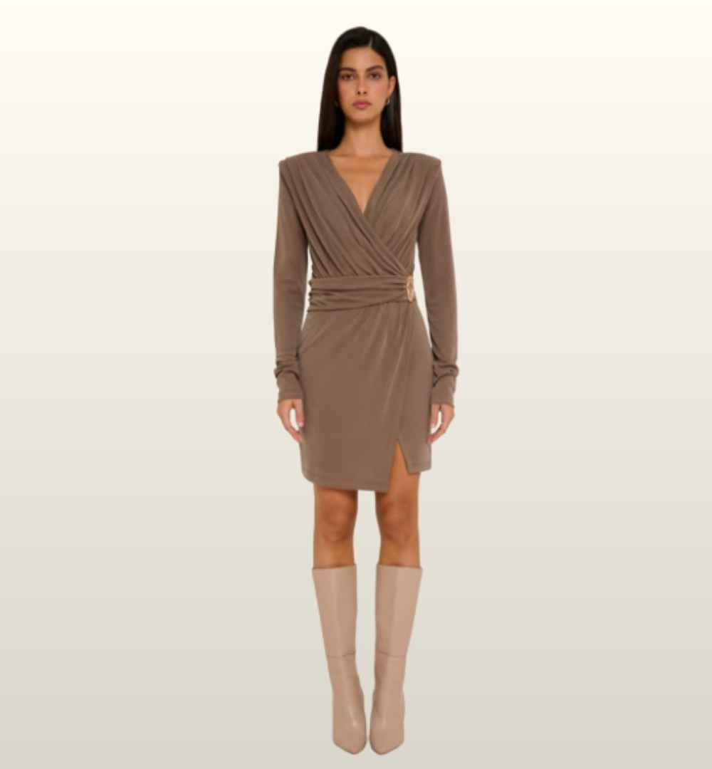 Elegante Avondjurk Taupe Dames | V-Hals & Elastische Taille