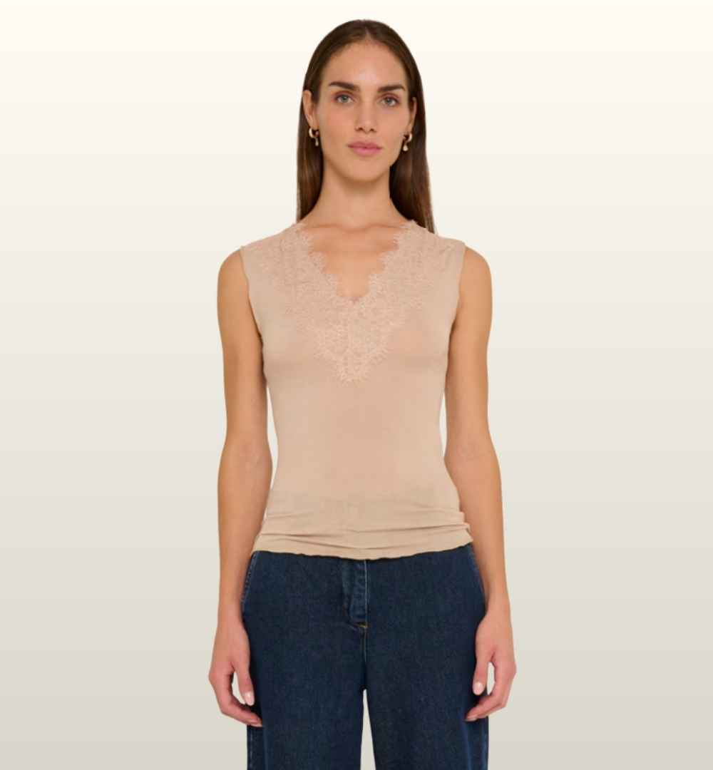 Lace Detail Top | Le Sarte Del Sole | Beige, Mocca & Zwart