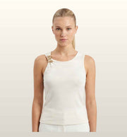 Top Amélie Off-White & Light Blue met Gouden Detail | Elegante Dames Top