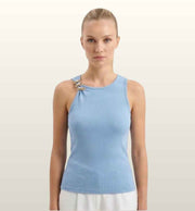 Top Amélie Off-White & Light Blue met Gouden Detail | Elegante Dames Top