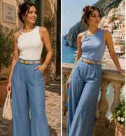 Top Amélie Off-White & Light Blue met Gouden Detail | Elegante Dames Top