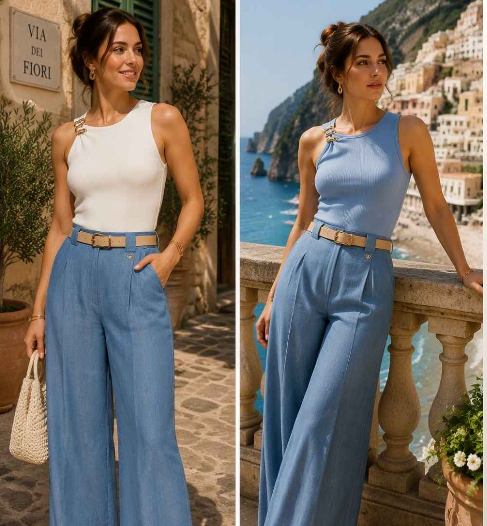 Top Amélie Off-White & Light Blue met Gouden Detail | Elegante Dames Top