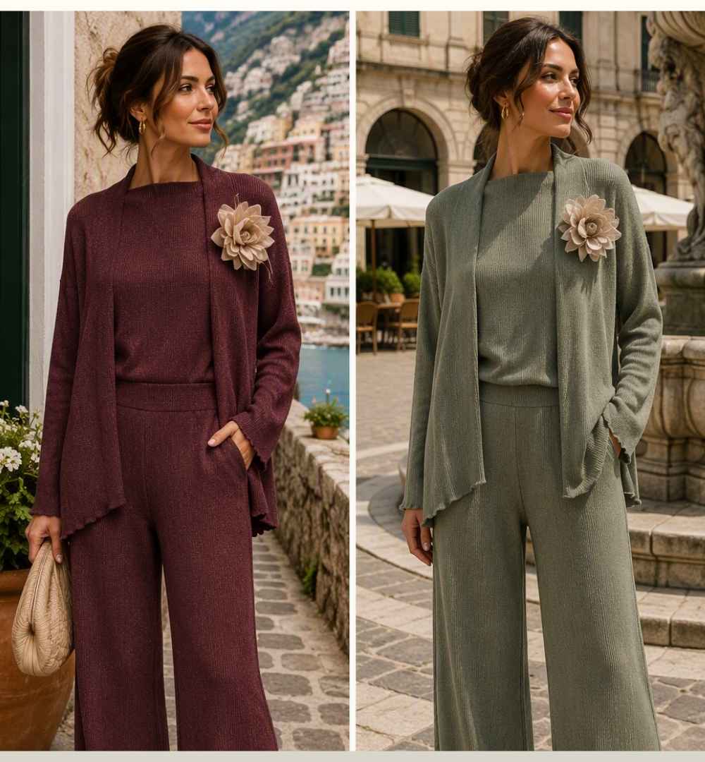 Mid Wide Leg Broek Le Sarte del Sole | Elastische Taille & Stretch | Vino & Grigio
