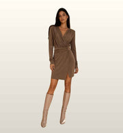Elegante Avondjurk Taupe Dames | V-Hals & Elastische Taille