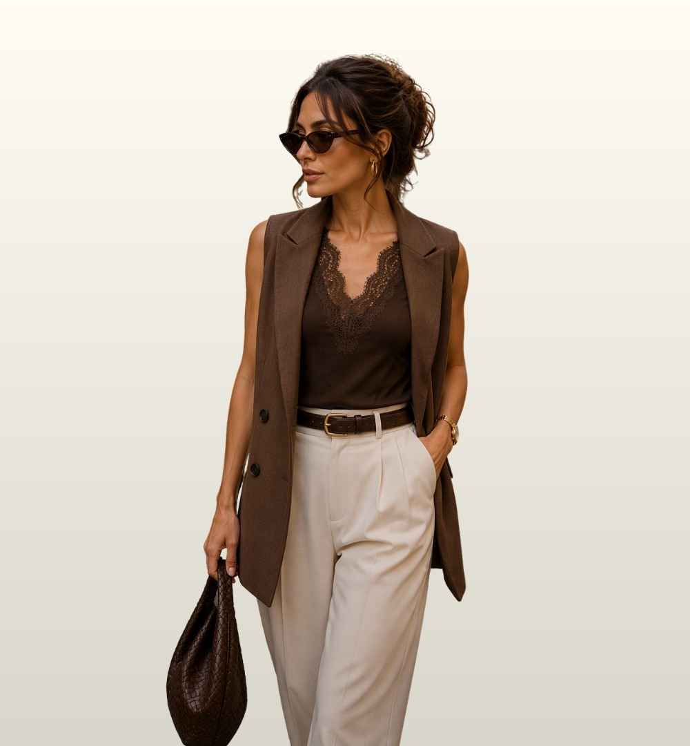 Lace Detail Top | Le Sarte Del Sole | Beige, Mocca & Zwart