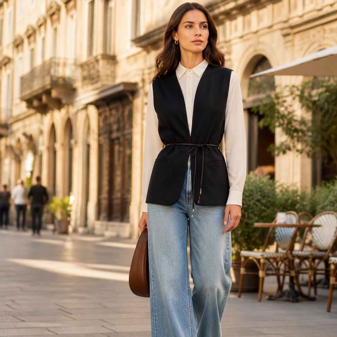 Lange Gilet met Ceintuur van Eco Leer en Luxe Stretchstof – Le Sarte Del Sole