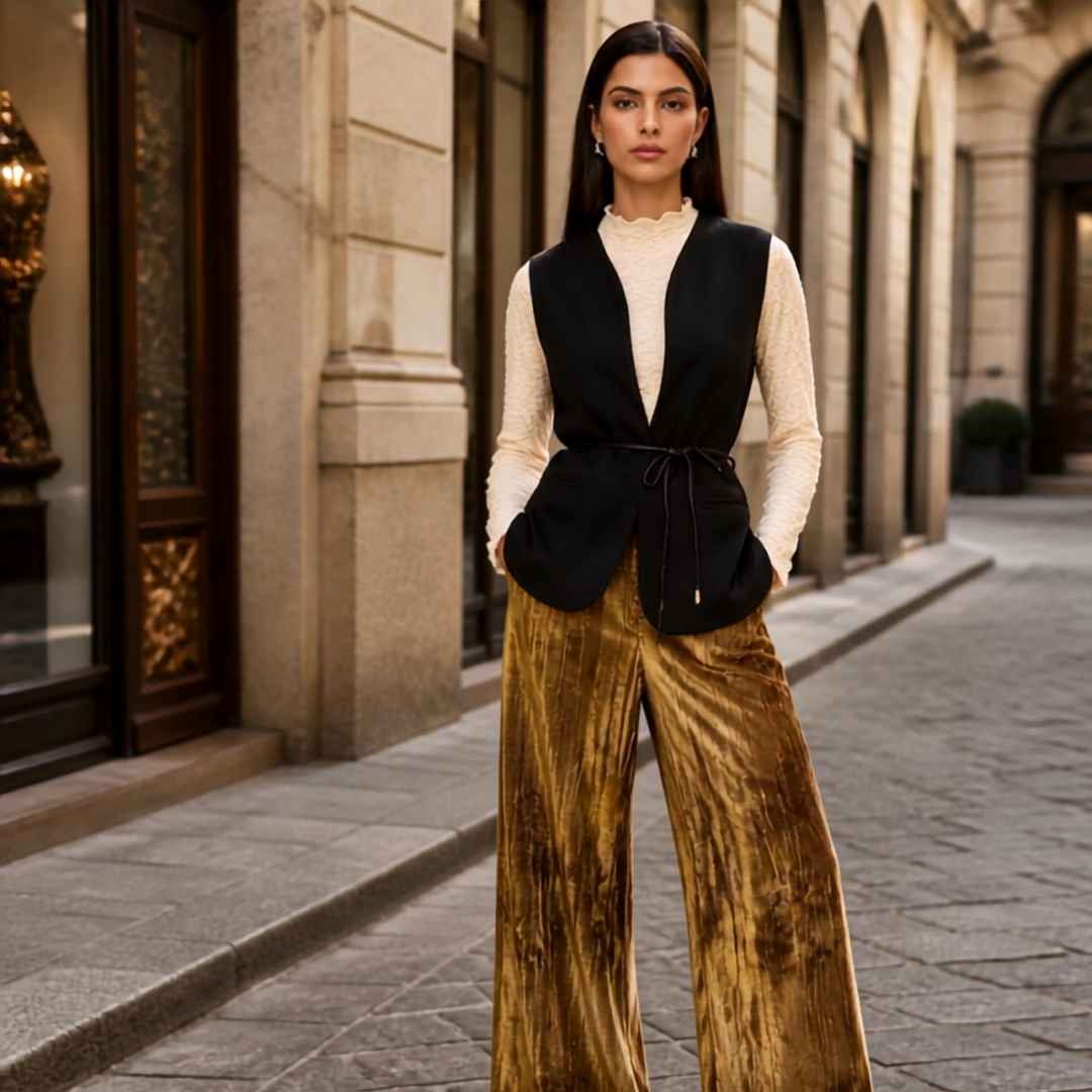 Lange Gilet met Ceintuur van Eco Leer en Luxe Stretchstof – Le Sarte Del Sole