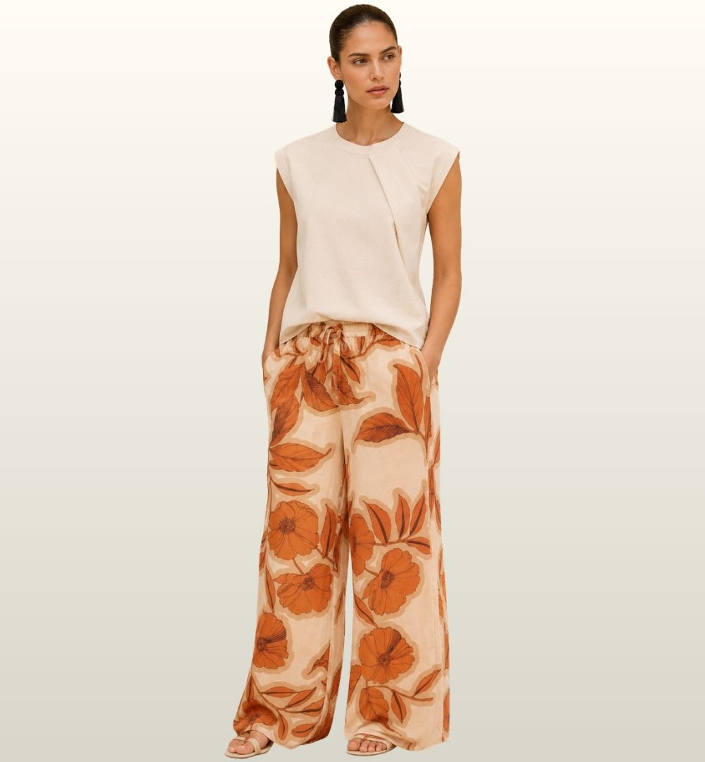 Wide Leg Zomerpantalon Floreal Beige-Tegola – Le Sarte del Sole | Elegante Comfort Fit image 2