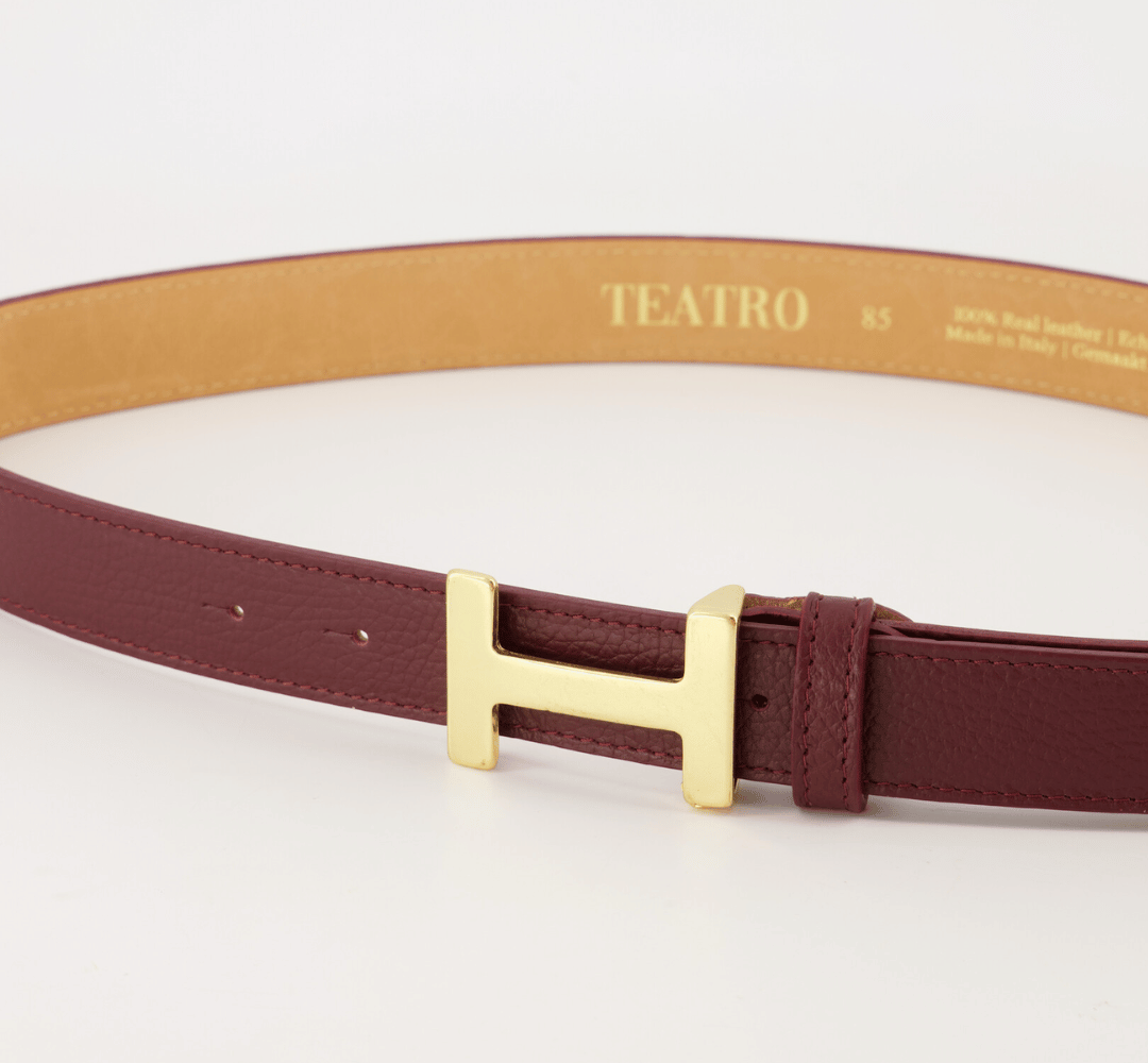 Hera Big – Classic Grain Lederen Riem met Gouden Gesp – Bordeaux / Wit