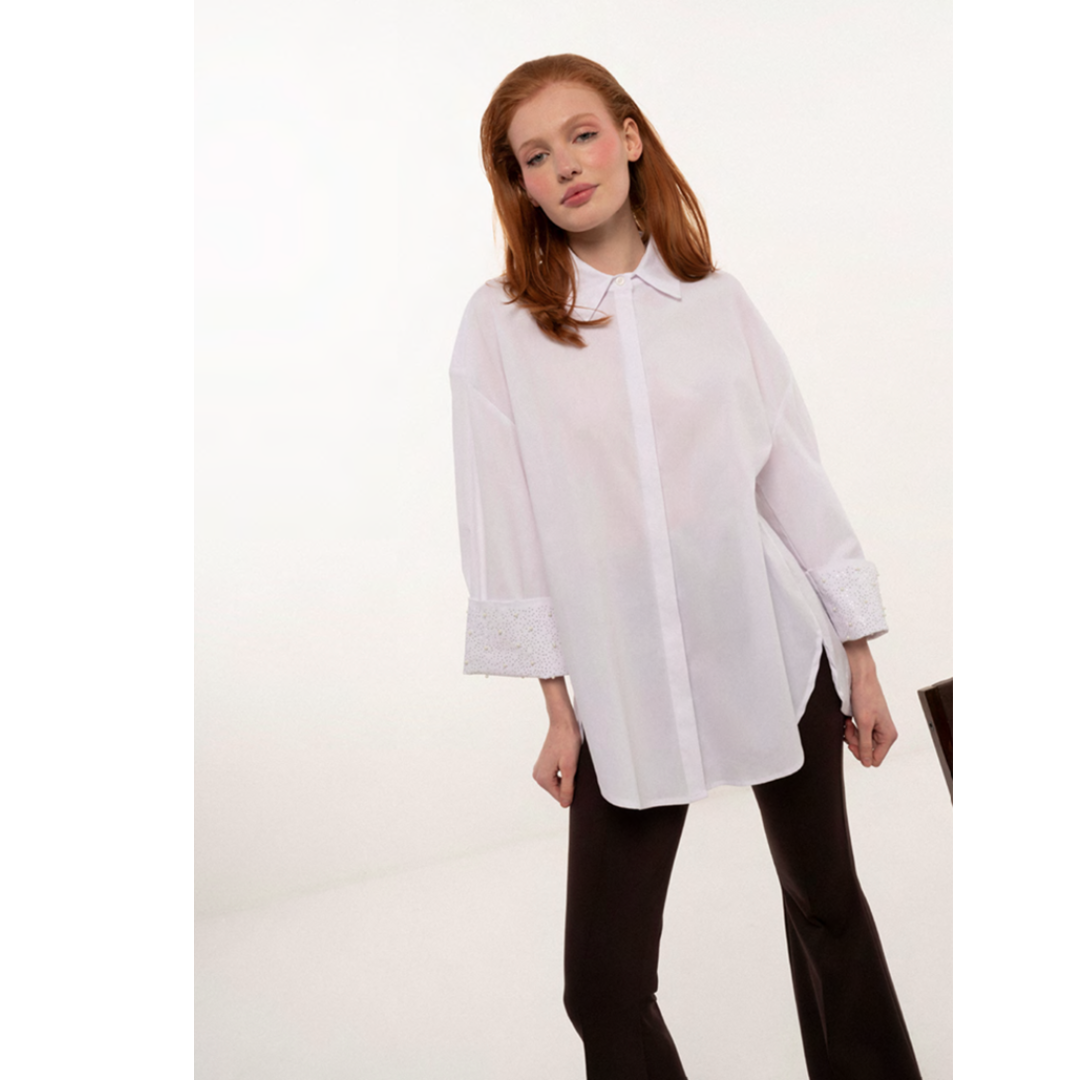 Blouse Lang Wit (Elegant met Zilveren Pareldetails) Mironce image 0