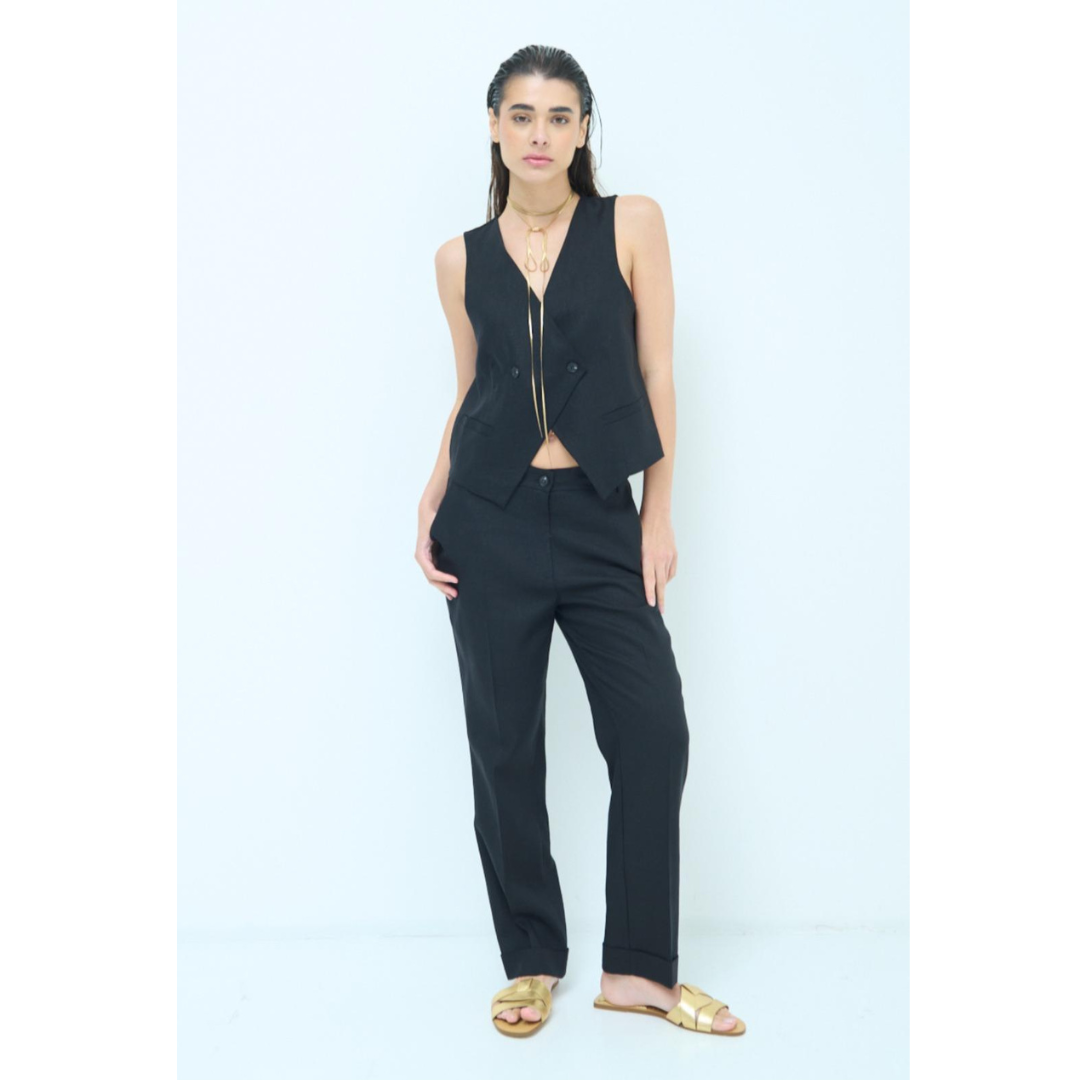 Trendy Linnen Gillet met Asymmetrische Sluiting | Kikisix