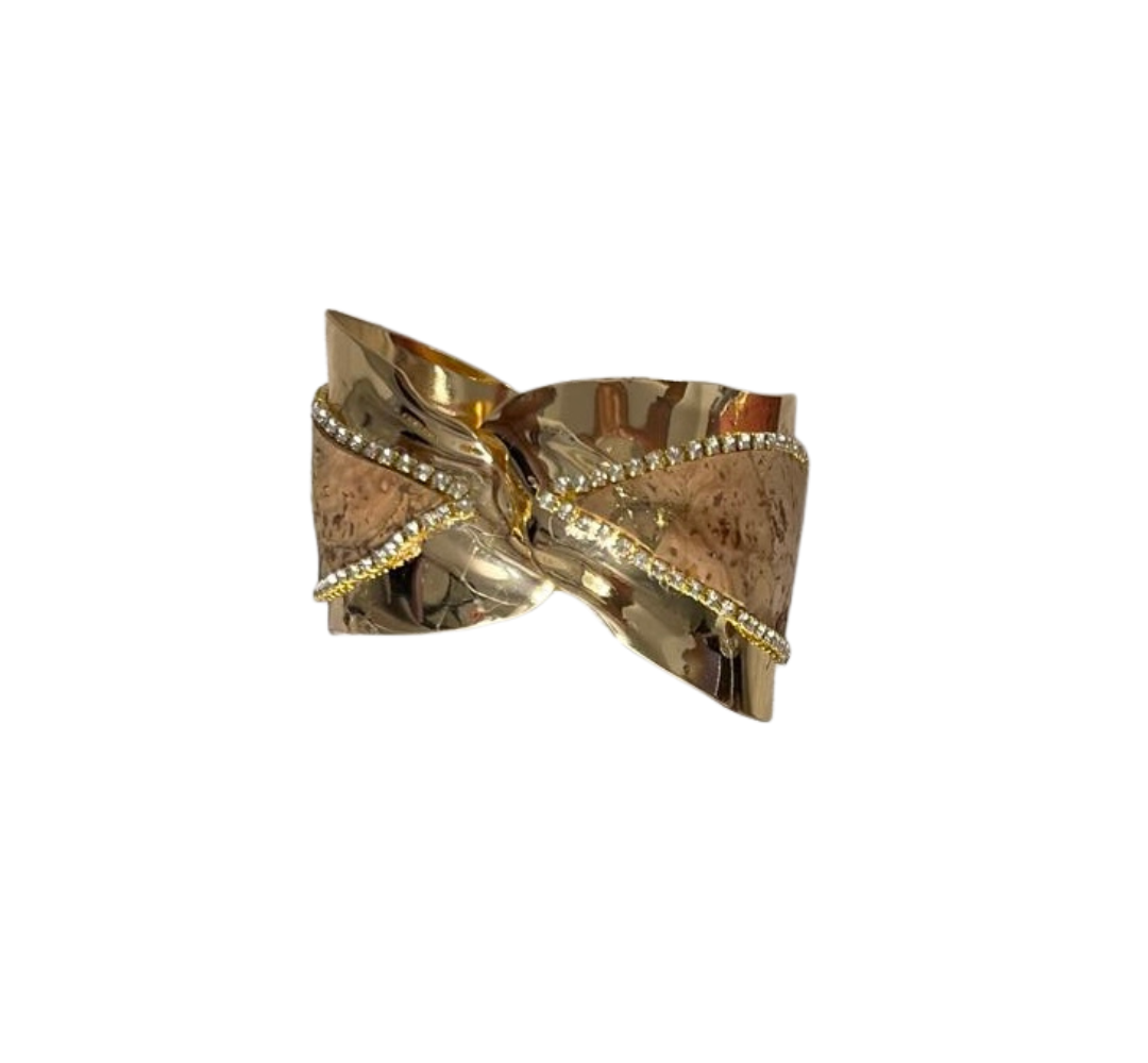 Handgemaakte cuff armband met click-systeem – Natural en goud metallic met glinsterende steentjes image 0