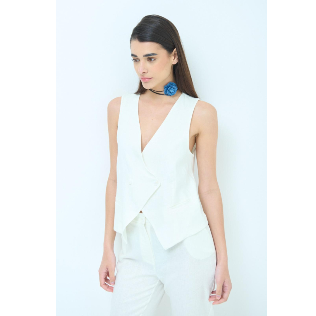 Trendy Linnen Gillet met Asymmetrische Sluiting | Kikisix