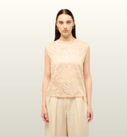 Elegante Mouwloze Shirt Panna – Mironcé | Geborduurde Bloemen & Transparante Elegantie