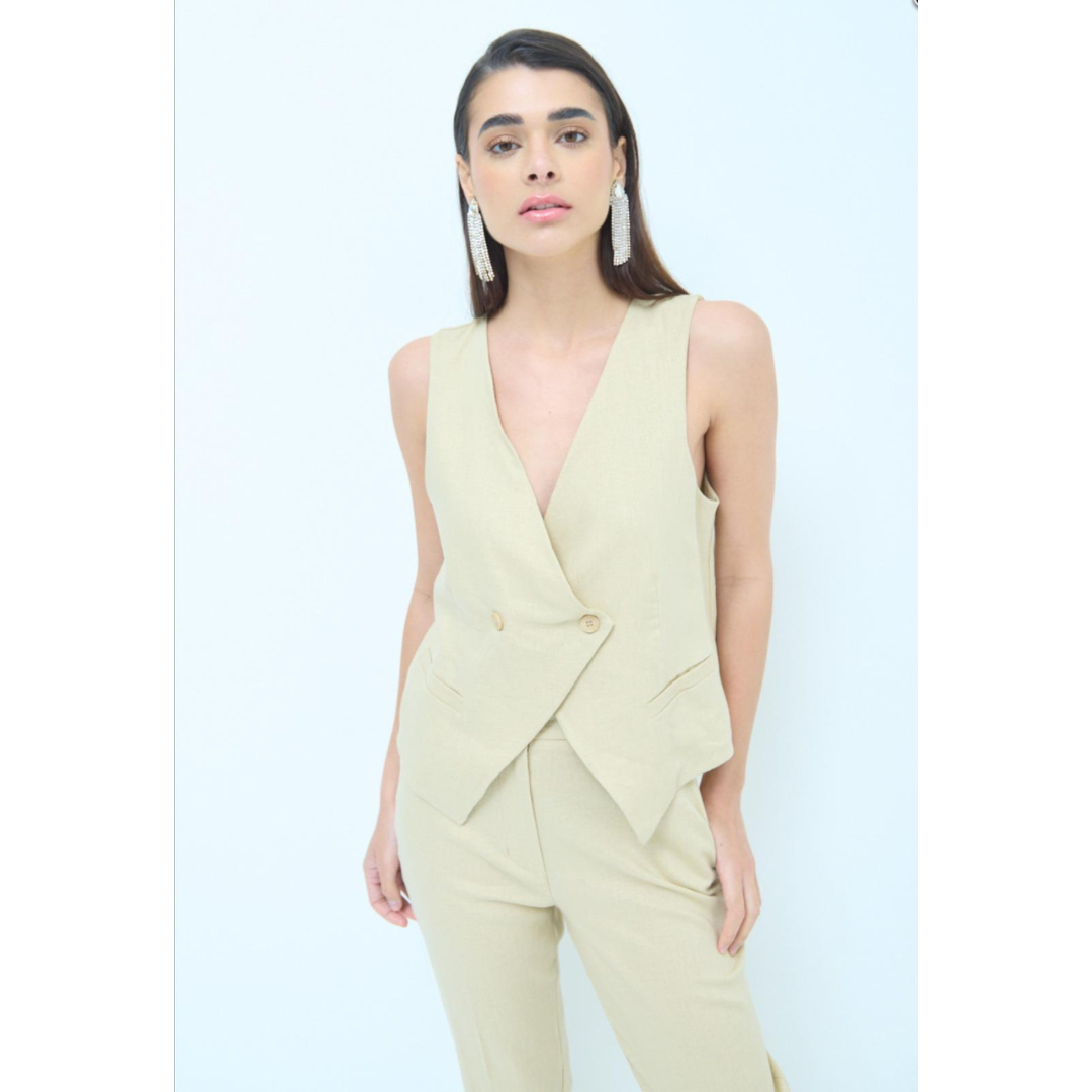Trendy Linnen Gillet met Asymmetrische Sluiting | Kikisix